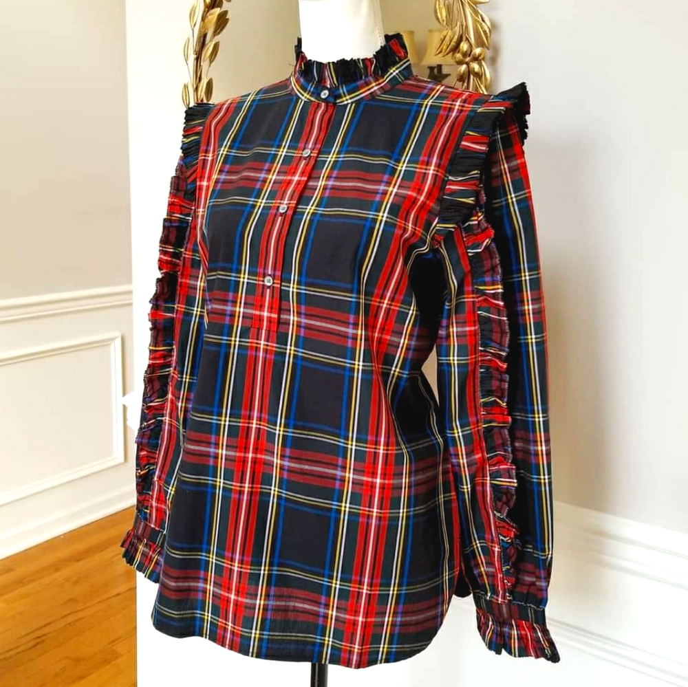 New! J Crew sz Medium M Ruffle Black Tartan Plaid Popover Top Shirt NWT